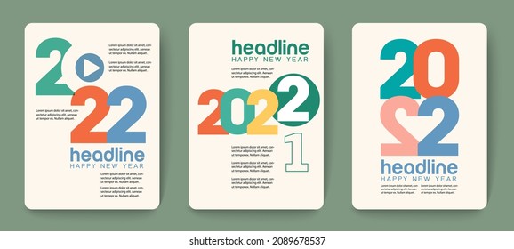 Design concept of 2022 Happy New Year set. Templates with typography logo 2022 for celebration, Retro color backgrounds for branding, banner, cover, card, social media, poster, Vector EPS 10