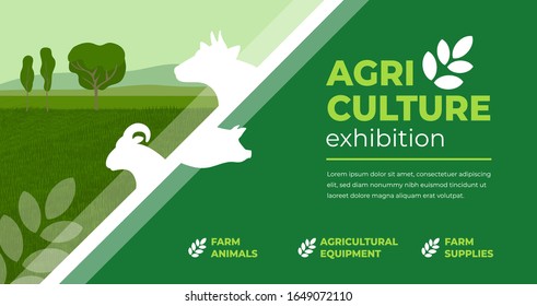 Design concept for agriculture exhibition, fair. Identity for farm animals show, livestock, agro conference. Vector illustration with sign of cow, pig, ram. Template for flyer, poster, banner, ticket