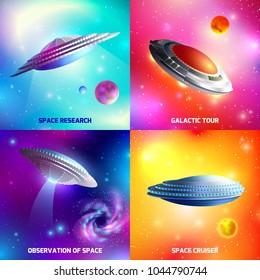 Design concept with alien spaceship during space research, galactic tour, as cosmic cruiser isolated vector illustration