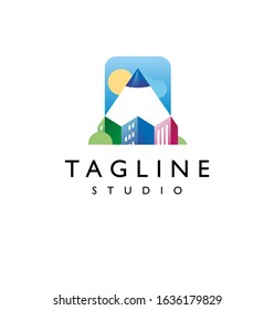 Design concept of architectural studio logotype. Pencil, buildings, sky, sun and trees elements. Editable EPS vector