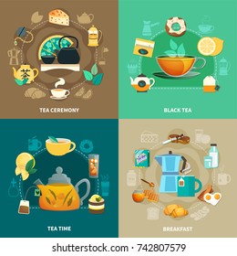 Design concept with black tea, drinking ceremony, breakfast, cups and teapots isolated on color background vector illustration