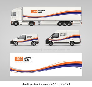 Design concept of branding livery for corporate vegicles. Mock-up of Van, Truck and company car with abstract orange and purple stripes design for branding and corporate identity. Branding vehicle 