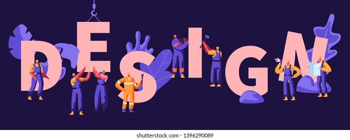 Design Concept. Building Construction Process with Crane and Workers Characters in Uniform and Helmets, Architects with Project Plan. Poster, Banner, Flyer, Brochure. Cartoon Flat Vector Illustration