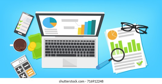 Design concept of business big data analysis. Laptop with documents, money and coffee. Vector flat banner