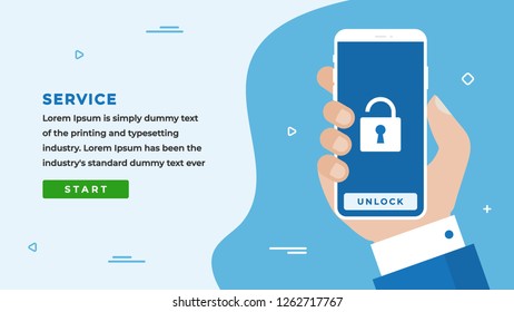 - Design Concept with Businessman Hand Holding a Smartphone with on Screen, Button, Headline and Text Place. Suitable for Web banner, Infographics, Hero images. Flat Vector illustration 