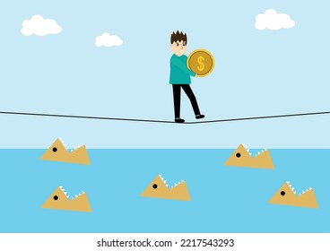 Design Concept Businessman holds a coin and walking on a rope with a Fish in the sea