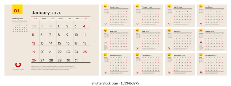 Design concept of calendar for 2020. Vector set corporate and business template design. Clean and a simple stationary template. Template for annual calendar 2020.  Week starts on Sunday. Isolated.