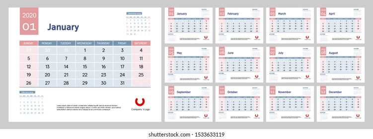 Design concept of calendar for 2020. Vector set corporate and business template design. Clean and a simple stationary template. Blue and pink color calendar. Template for annual calendar 2020. 