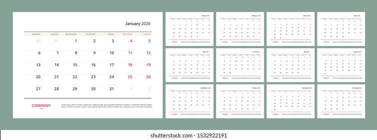 Design concept of calendar planner for 2020. Vector set corporate template design. Clean and a simple stationary template. Template for annual calendar 2020. Week starts on Sunday. Isolated background