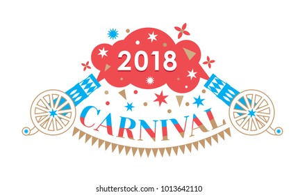 Design concept of carnival. Carnival cannon, flags, salute as elements of carnival. Vector icon for design banners, posters, greeting cards, greetings and invitations for carnival, festival, show