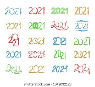 Design concept for Chinese New Year holiday card, banner, poster, decor element. Big set of 2021 Happy New Year logo text design in hand drawn style. Winter Christmas holiday symbol. Vector.