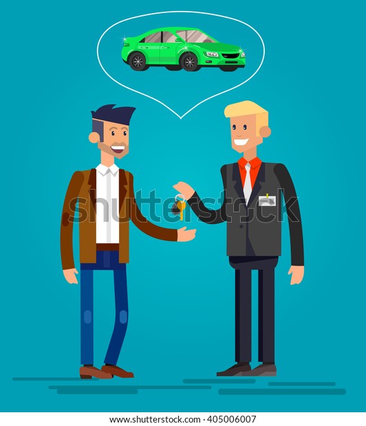 design concept of choice and buying a car.\
Vector detailed character buyer and seller, cool flat \
illustration. Web banner\
template
