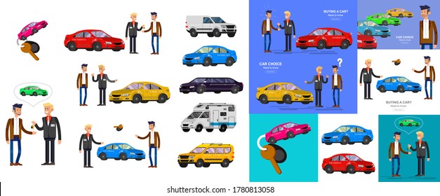 design concept of choice car and buying a car. Vector cool flat, illustration, detailed character buyer and seller