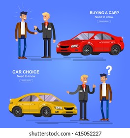 design concept of choice car and buying. Vector, cool flat, illustration. Vector detailed character buyer and seller