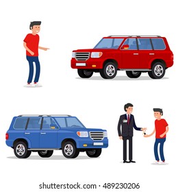 design concept of choice car, buying, sale, rent and hire cars . Vector, cool flat, illustration. Vector detailed character buyer and seller