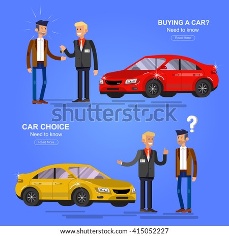 design concept of choice car and buying. Vector, cool flat, illustration. Vector detailed character buyer and seller