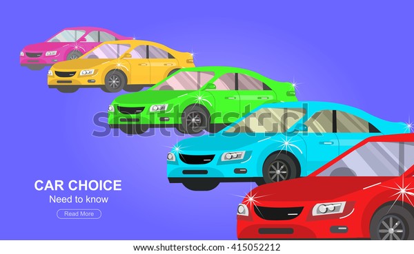 design concept of choice car and\
buying. Vector, cool flat, illustration. Web banner\
template