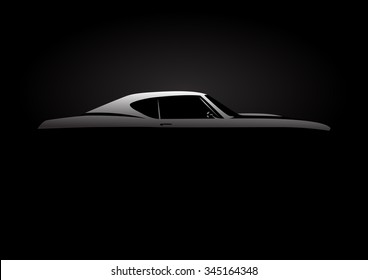 Design Concept with classic American style muscle car silhouette on black background. Vector illustration.