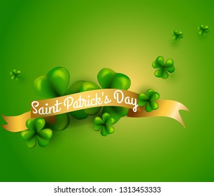 Design concept with clover leaves and inscription St. Patrick's Day. Perfect for advertising, invitation, poster, greeting card, banner, celebration, restaurant and bar menu. Vector illustration.