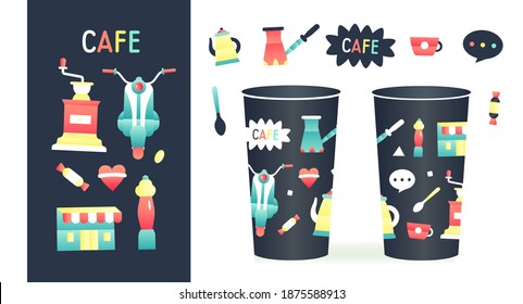 design concept of a coffee cup in a modern flat style. set of illustrations of various coffee items, cafe logo, coffee maker, pastry shop