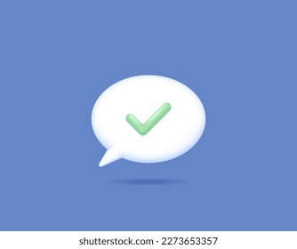 das Design-Konzept der richtigen Antworten, sichere Nachrichten, gute Kommentare, Nachrichten erfolgreich verschickt. eine Chat-Blase und ticken. 3d und realistische Konzeption. blauer Hintergrund. Vektorelemente