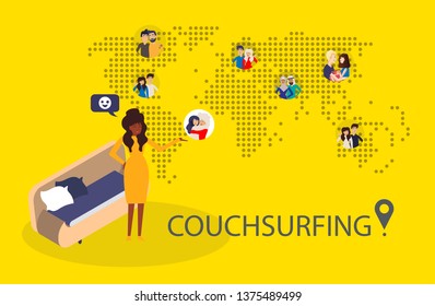 Design concept of couchsurfing with dotted world map, black woman and  different characters people and background for website and mobile website. Vector illustration.