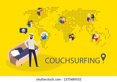 Design concept of couchsurfing with dotted world map, arabian man and different characters people and background for website and mobile website. Vector illustration.