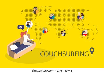 Design concept of couchsurfing with dotted world map, woman and different characters people and background for website and mobile website. Vector illustration.