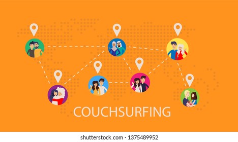 Design concept of couchsurfing with dotted world map, different characters people and background for website and mobile website. Vector illustration.
