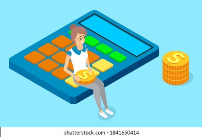 Design concept to count money. A girl holding coin sitting on calculator, stack of gold coins dollars. Success and finance, business calculations, accounting and financial data, budget planning