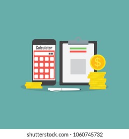 Design concept to count money. Vector illustration of stacks of cash with pile of gold coins bills calculator on blue background. Success and finance