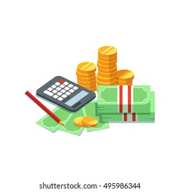 Design concept to count money. Vector illustration of stacks of cash with pile of gold coins bills calculator on white background. Success and finance