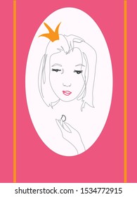 Design concept for cream, skin care. Young woman princess with cream in hand on pink background. Fashion vector illustration. Beautiful portrait. Queen.