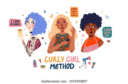 Design concept for curly girl method. Portraits of cartoon girls with different types of curly hair. Kinky, coil, waves hair style.  Cosmetic and accessorise to hair care.  Vector character woman