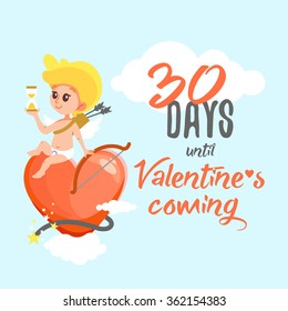 Design concept with cute cupid sitting on heart-shaped bomb and showing time until Valentine's day coming. Vector illustration