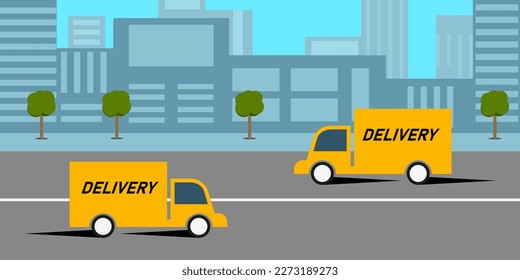 A design concept for delivering goods in a big city. Yellow delivery cars with parcels are rushing to the address. Flat vector illustration. eps10.