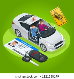 Design concept driving school or learning to drive. Flat isometric illustration