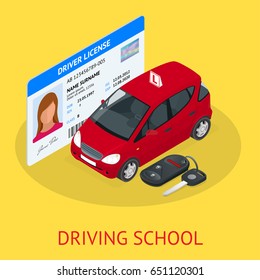 Design Concept Driving School Or Learning To Drive. Flat Vector Isometric Illustration
