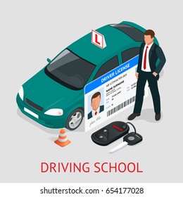 Design Concept Driving School Or Learning To Drive. Flat Vector Isometric Illustration