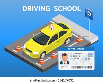 Design-Konzept, das Schule fährt oder Fahren lernt. Flache, vektorisometrische Abbildung