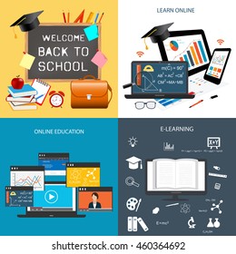Design concept of education and on-line learning.Back to school template with blackboard and items for school. Icons for education, online education, online learning