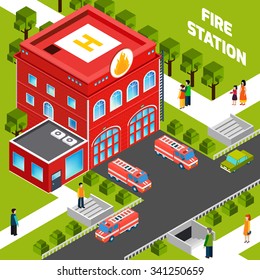  Design concept of  fire department building with  fire trucks and people on sidewalks isometric vector illustration