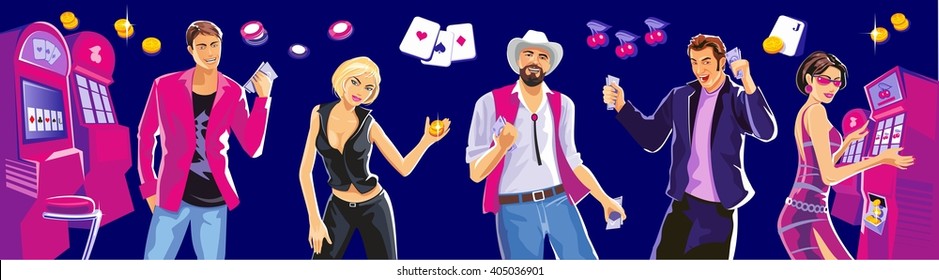 Design concept for gambling luck and successful play. Interior casino with slot machines. Lucky woman playing. Man with cowboy hat hold money, coins. Vector flat illustrations