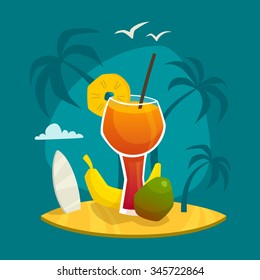 Design concept with glass of fresh juice  and  tropical fruits on table with palm trees background  vector illustration
