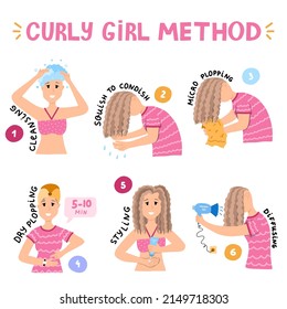 Concepto de diseño del proceso de cuidado del pelo para Curly Girl Method. Las mujeres y las niñas lavan, padecen, tienen estilo y pelo seco, ondulado y friso. CGM en pasos. Rutina de pelo rizado en infografía.