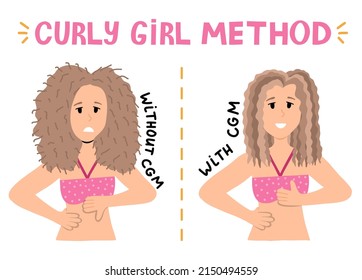 Design concept of hair care process for Curly Girl Method. Woman and girls wash, condition, style and dry curly, wavy and frizzy hair. CGM in steps. Curly hair routine in infographic.