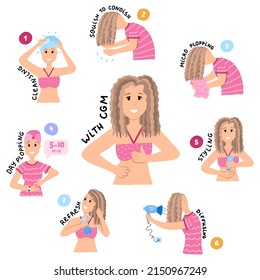 Design Concept Of Hair Care Process For Curly Girl Method. Woman And Girls Wash, Condition, Style And Dry Curly, Wavy And Frizzy Hair. CGM In Steps. Curly Hair Routine In Infographic.