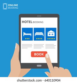 Design concept of hotel booking online. Tablet computer with hand touching a screen. Display with book button and bed icons. Mobile application for renting accommodations.