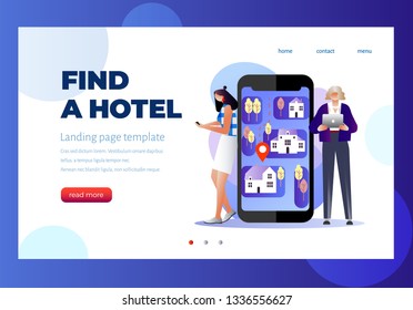 Design concept of hotel search and booking online. Hotel reservation application interface. People holding smart phone and tablet searching for apartment, hostel. Vector illustration. Character design