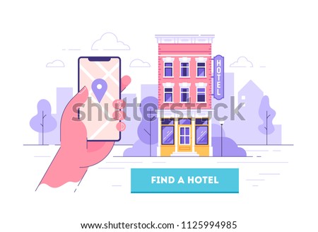 Design concept of hotel search and booking online. Hotel building detailed and reservation application interface. Hand holding smart phone. Vector illustration.